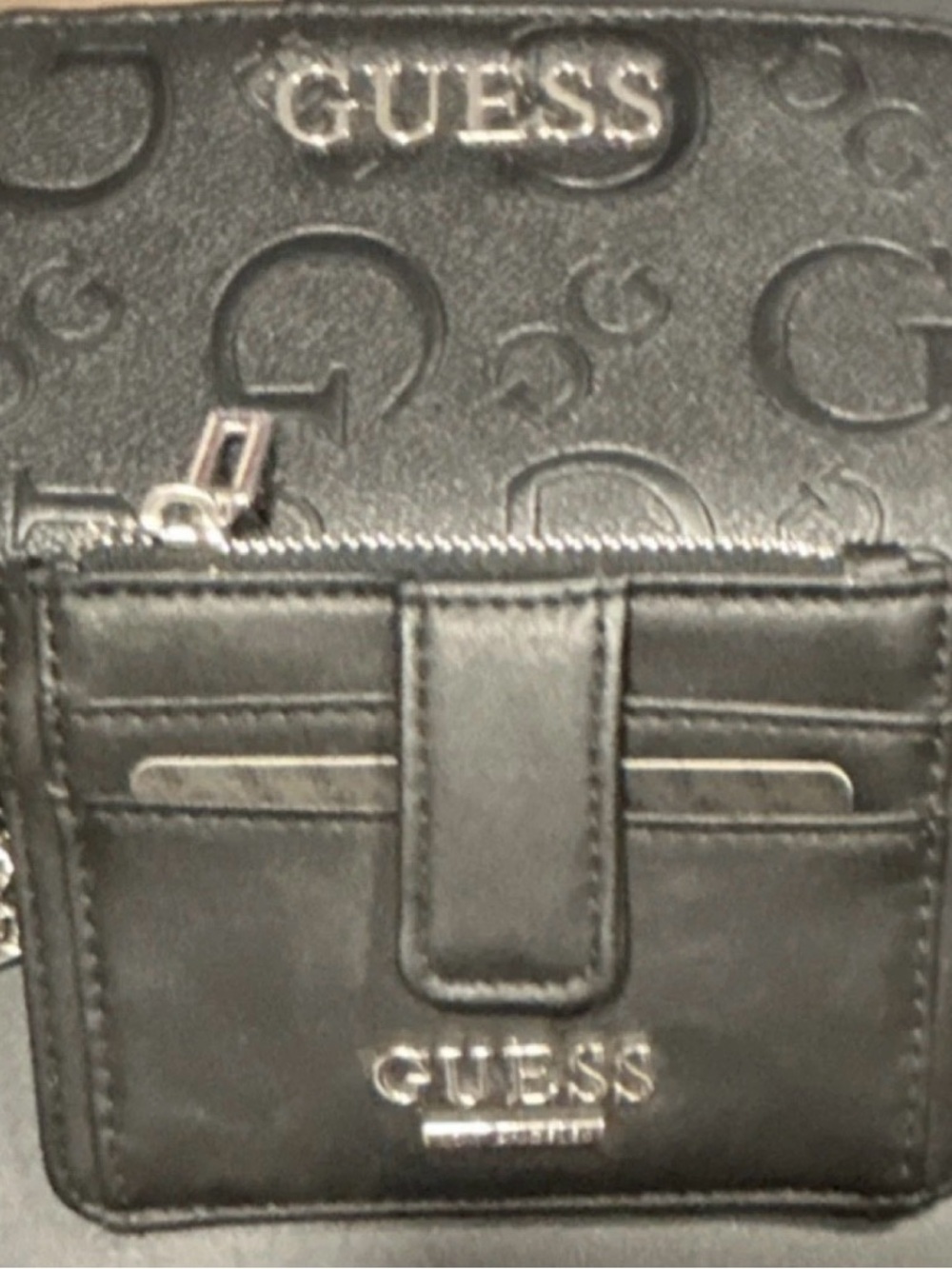 Guess Black Leather Card Holder with Silver Logo And zip wallet